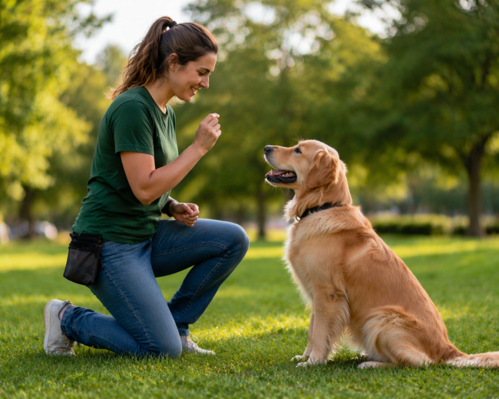 Basic Commands Every Dog Should Know Trainer commanding dog to sit