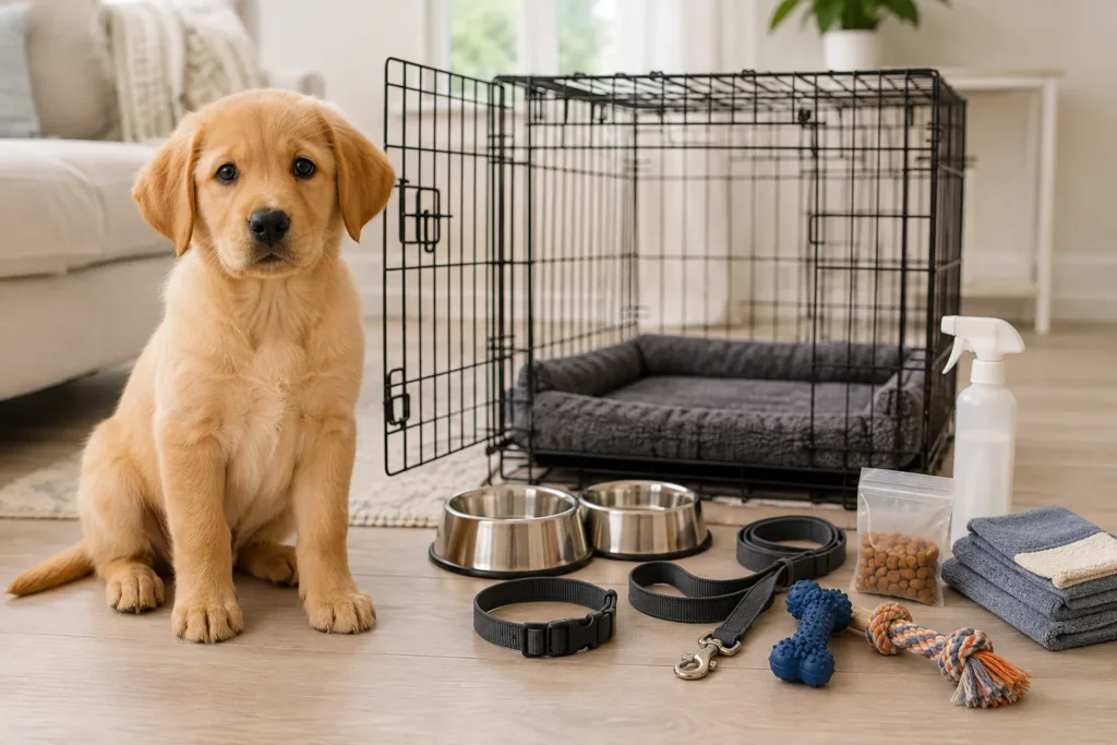 How to Take Care of a New Puppy: Essential Supplies Guide New puppy with crate, bowls, leash, toys, and other essential puppy supplies